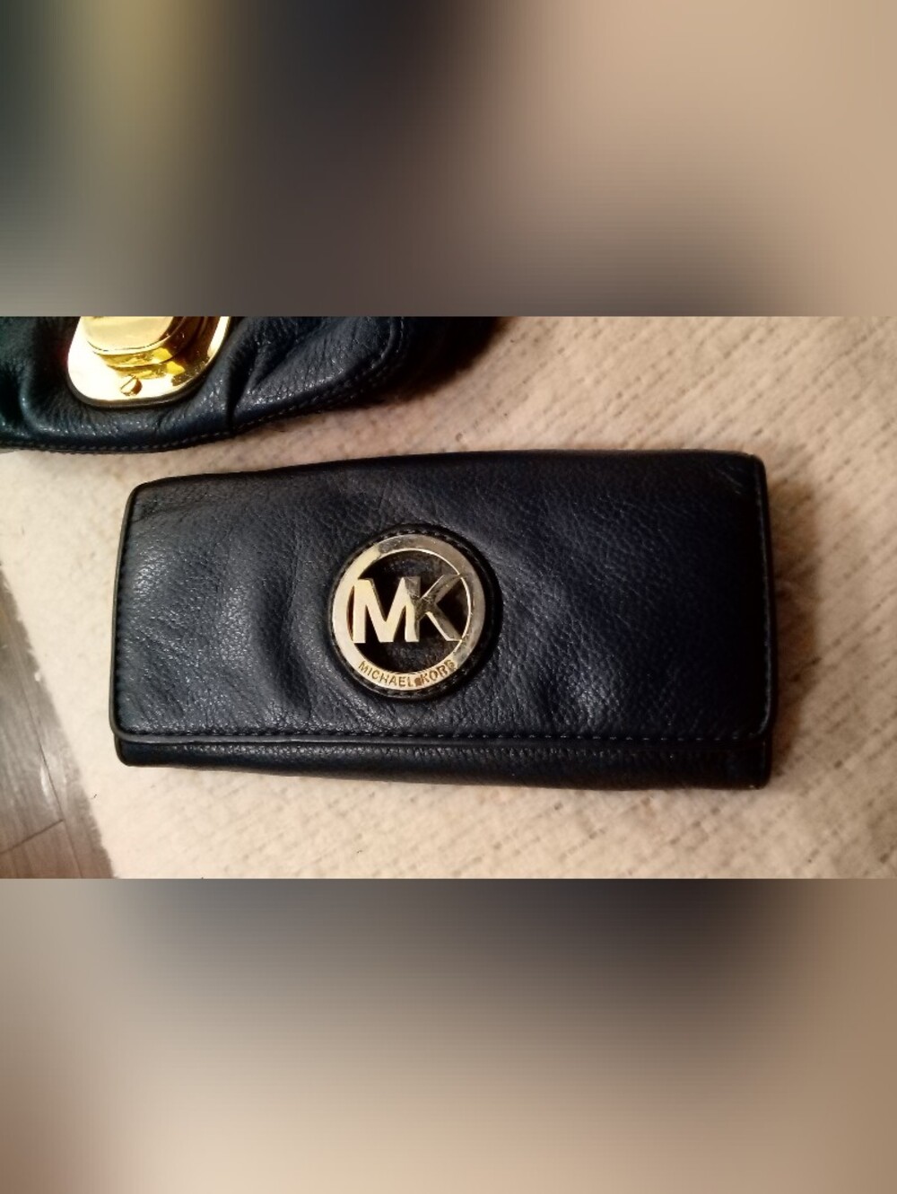 Michael Kors BlueLeather Clutch with Gold MK Emblem